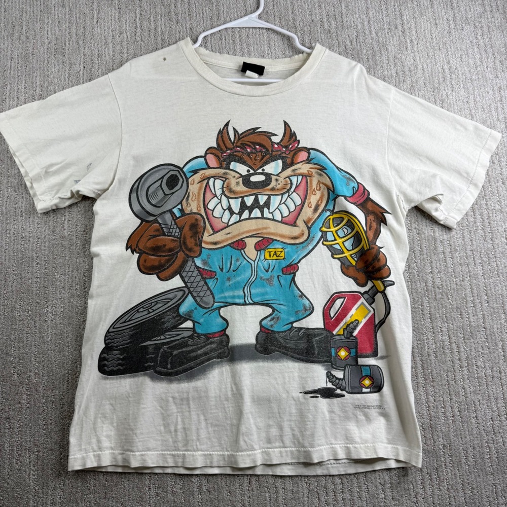 Vintage 1994 Looney Tunes Taz Garage Graphic AOP T-Shirt Mens Size Large White